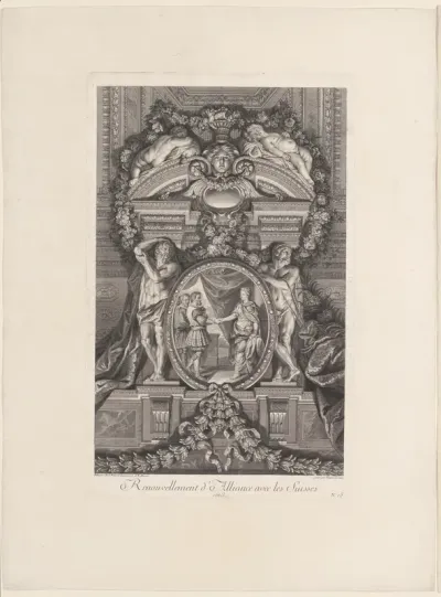 Plafondschildering in de Grande Galerie van Versailles met het vredesverdrag tussen Frankrijk en Zwitserland