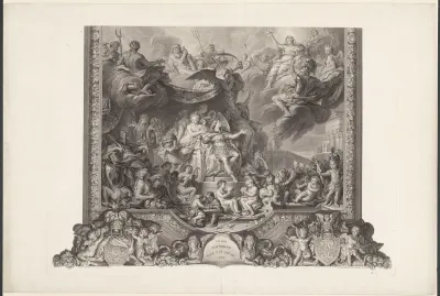 Plafondschildering in de Grande Galerie van Versailles met Lodewijk XIV, koning van Frankrijk, omringd door allegorische en mythologische figuren