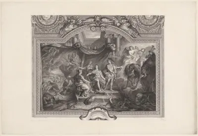 Plafondschildering in de Grande Galerie van Versailles met Lodewijk XIV, koning van Frankrijk, tussen Mars en Minerva