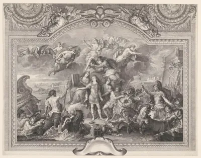 Plafondschildering in de Grande Galerie van Versailles met Lodewijk XIV, koning van Frankrijk, tussen Neptunus en Mars