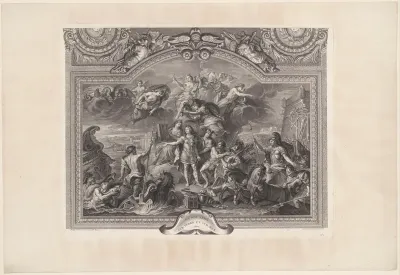Plafondschildering in de Grande Galerie van Versailles met Lodewijk XIV, koning van Frankrijk, tussen Neptunus en Mars