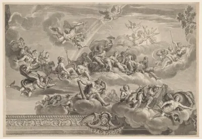 Plafondschildering met klassiek pantheon van goden en helden