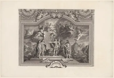 Plafondschilderingen in de Grande Galerie van Versailles met Lodewijk XIV, koning van Frankrijk, die opdracht geeft Nederland aan te vallen