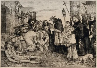 Plague victims in Rome receiving the Eucharist from a cardinal in procession