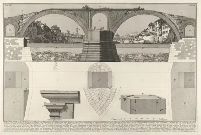 Plan and elevation of the Pons Fabricius (also known as the Quattro Capi Bridge), Rome, from "Le Antichità Romane"