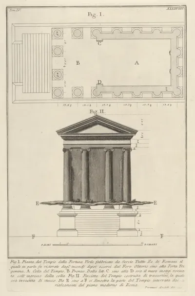 Plan and façade of the Temple of Fortuna Virilis (Tempio della Fortuna Virile), from "Le Antichità Romane"