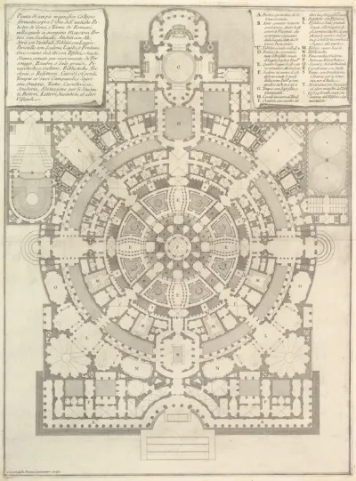 Plan of a spacious and magnificent College designed after the ancient gymnasia of the Greeks and the baths of the Romans..., from "Opere Varie di Architettura, prospettive, grotteschi, antichità; inventate, ed incise da Giambattista Piranesi Architet