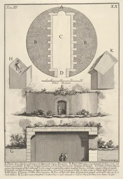Plan of a tomb on the Appian Way in Vigna Buonamici (Pianta di un sepolcro sull'antica Via Appia nella Vigna Buonamici), from "Le Antichità Romane"