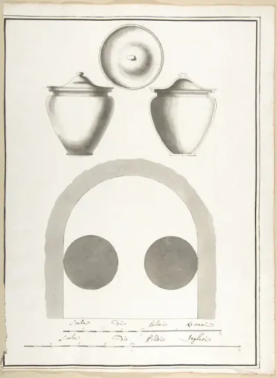 Plan of Niche in a Columbarium with a Section, Elevation and Top View of a Funerary Urn