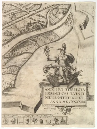 Plan of the City of Rome. Part 12 with the Southwestern Border of the City and a Large Cartouche with Signature by Tempesta