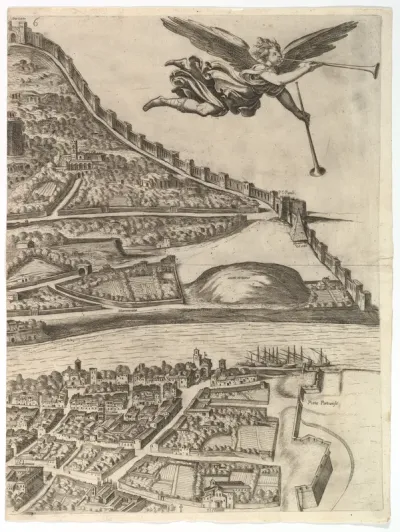 Plan of the City of Rome. Part 6 with the Aurelian city wall, the Porta Portuensis (Ostiensis?) and the Sepulcre of Caius Cestius.