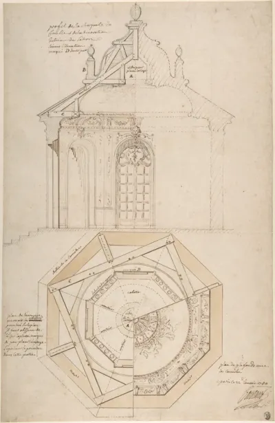Plan of the Roof and Section of a Pavilion in the Gardens of the Château de Saint-Cloud (recto); Study for the Exterior with Partial Plan of the Pavilion (verso)