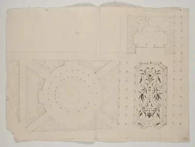 Plan över del av trädgård med parterrbroderi och fontän