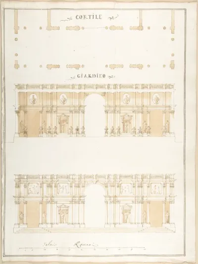 Plan, Section and Exterior Elevation of a Villa