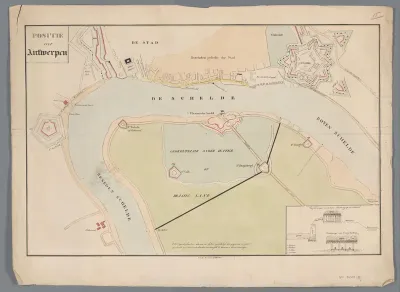 Plan van de Schelde voor Antwerpen met de ligging van de forten, tijdens het beleg van de Citadel, 1832