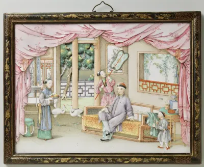 Plaque met een interieur met figuren