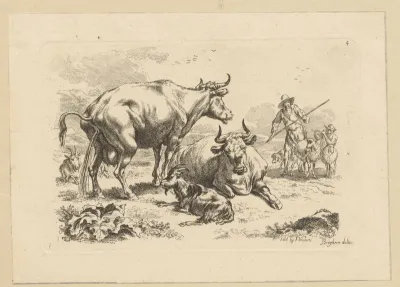 Plassende koe, een liggende koe, geiten en herders met schapen