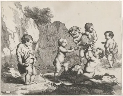 Plassende putto en putti met een karaf
