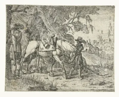 Plassende ruiter bij rustend paard met man en ruiter te paard