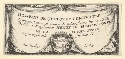Plate 1: a coat of arms at bottom center surrounded by a draped curtain, title page for "Troops, cannons, and attacks on towns" (Dessins de quelques conduites de troupes, canons, et ataques de villes)