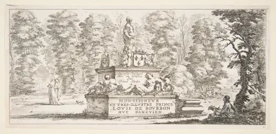 Plate 1: a monument with statues and a coat of arms in the center, a draughstman on the ground beneath a tree to right, two groups of lovers to left in the background, from 'Various landscapes' (Divers paysages)