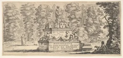 Plate 1: a monument with statues and a coat of arms in the center, a draughstman on the ground beneath a tree to right, two pairs of lovers to left in the background, from "Various Landscapes" (Divers Paysages)