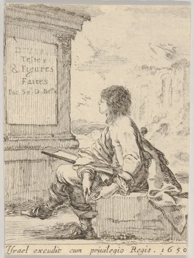 Plate 1: a young man sitting on a stone, facing left in profile, holding a drawing pad in his lap and a pen in his left hand, a pedestal with title to left and ruins to right in the background, title page from "Various heads and figures" (Diverses tê