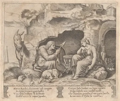 Plate 1: Apuleius changed into a donkey, listening to the story told by the old woman, from "The Story of Cupid and Psyche as told by Apuleius"