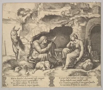 Plate 1: Apuleius changed into a donkey listening to the story told by the old woman spinning