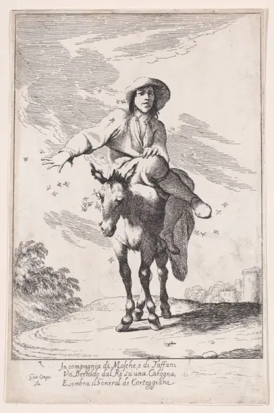 Plate 1: Bertoldo riding a donkey, from "Bertoldo, Bertoldino, and Cacasenno"