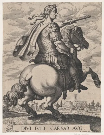 Plate 1: Emperor Julius Caesar on Horseback, from "The First Twelve Roman Caesars"