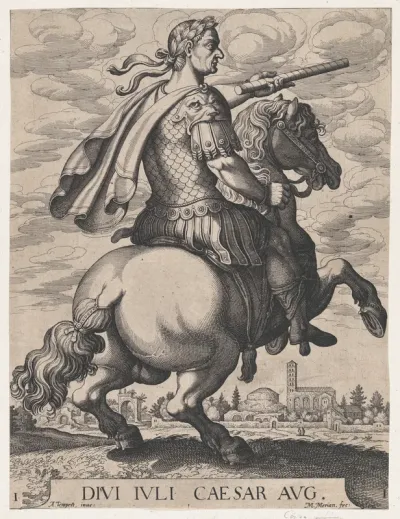 Plate 1: Emperor Julius Caesar on Horseback, from “The First Twelve Roman Caesars”, after ..., 1610 50.