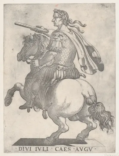 Plate 1: Emperor Julius Caesar on Horseback, from "The First Twelve Roman Caesars"