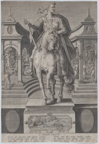 Plate 1: equestrian statue of Julius Caesar, seen from the front, with a scene of a naval battle on pedestal below, from 'Roman Emperors on Horseback'