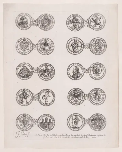 Plate 1, Featuring 10 Coins Issued by European Princes in the 16th and 17th centuries, from "Les Monnaies" (The Currencies)