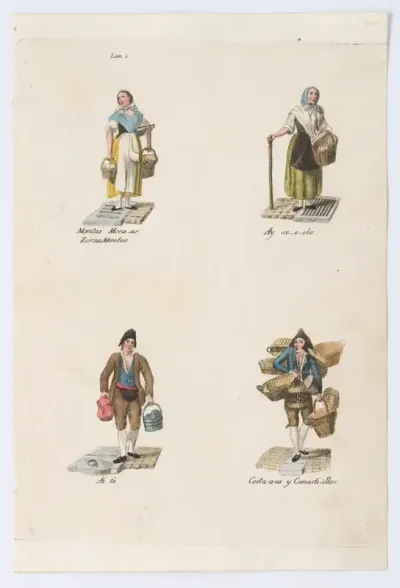 Plate 1: four street vendors from Madrid selling blueberries, onions, tea, and baskets, from 'Los Gritos de Madrid' (The Cries of Madrid)