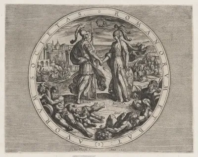 Plate 1: Roma and Batavia Shaking Hands, from "The War of the Romans Against the Batavians" (Romanorvm et Batavorvm societas)