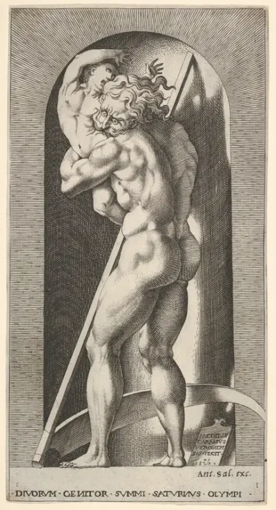 Plate 1: Saturn in a niche devouring his son, standing before a scythe, from "Mythological Gods and Goddesses"