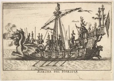 Plate 1: Ship of Hercules (Barcha del Hercole), with dragon-headed prow and Hercules on platform behind oarsmen and standing soldiers, from "The magnificent pageant on the river Arno in Florence for the marriage of the Grand Duke" (Le Magnifique caro