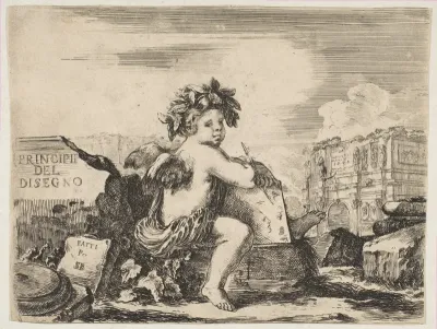 Plate 1: the genius of drawing, a child with wings, seated on a rock in center turned towards the right, holding a drawing pad and pen, ruins including a triumphal arch to right in the background, the title page from "The Principles of Design" (I pri