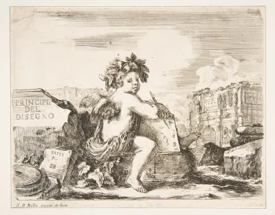 Plate 1: the genius of drawing, a child with wings, seated on a rock in center turned towards the right, holding a drawing pad and pen, ruins including a triumphal arch to right in the background, the title page from 'The Principles of Design' (I pri