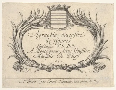 Plate 1: Two palms and a coat of arms frame the title and dedication, title page for "Various Figures" (Agréable diversité de figures)