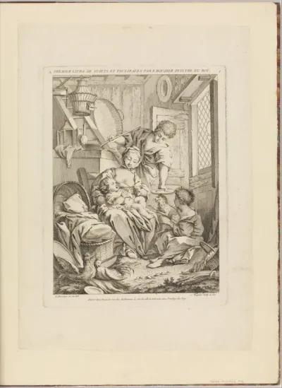 Plate 1: Young Woman Feeding her Infant, from Premier Livre de Sujets et Pastorales (First Book of Subjects and Pastorals)