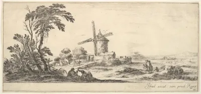 Plate 10: a family in center foreground, various figures and horses in middleground, a windmill in center background, from "Various Landscapes" (Divers Paysages)