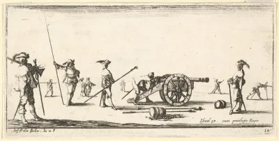 Plate 10: a soldier charging a cannon in center, other soldiers with picks standing at left and right, from "Troops, cannons, and attacks on towns" (Dessins de quelques conduites de troupes, canons, et ataques de villes)