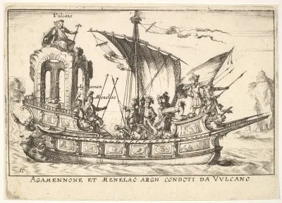 Plate 10: Agamemnon and Menelaus seated in a boat accompanied by other figures including Vulcan (Agamennone et Menelao Argn. condoti da Vulcano), from "The magnificent pageant on the river Arno in Florence for the marriage of the Grand Duke" (Le Magn