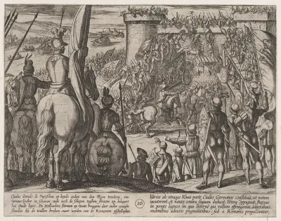 Plate 10: Civilis using Movable Wooden Bridges to Attack the Fortress, from "The War of the Romans Against the Batavians" (Romanorvm et Batavorvm societas)