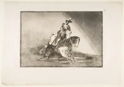 Plate 10 from "La Tauromaquia": Charles V spearing a bull in the ring at Valladolid