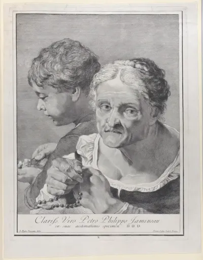 Plate 10: Old woman with a rosary and a boy counting coins, from "Icones ad vivum expressae"