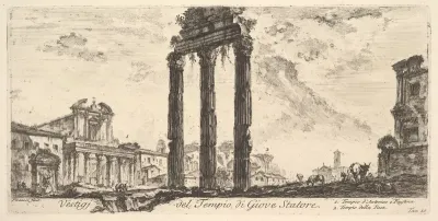 Plate 10: Ruins of the Temple of Jupiter Stator (Jupiter the Supporter). 1. Temple of Antoninus and Faustina. 2. Temple of Peace. (Vestigi del Tempio di Giove Statore. 1. Tempio d'Antonino e Faustina. 2. Tempio della Pace.), from "Antichità Romane de